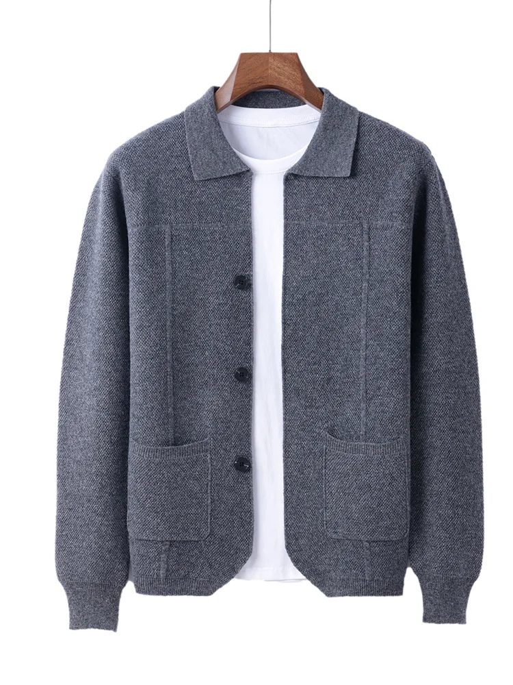 100% Merino Wool Men's Lapel Collar Knit Cardigan Autumn Winter Thicken Solid Color POLO Neck Suit Shirt Cashmere Jacket Sweater - Image 8
