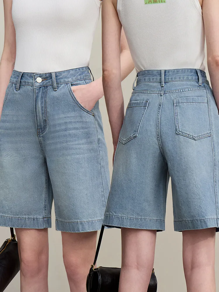 Amii Women's Denim Shorts 2026 Summer New Retro Straight Cotton Mid-Length Pants Casual Versatile Wide Leg Jeans Women 12642070 - Image 2