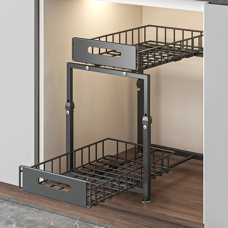 2-Tier Under Sink Pull Out Storage Rack, Height Adjustable Cabinet Organizer, Heavy Duty Thickened Metal Shelf, Multi-Use - Image 4