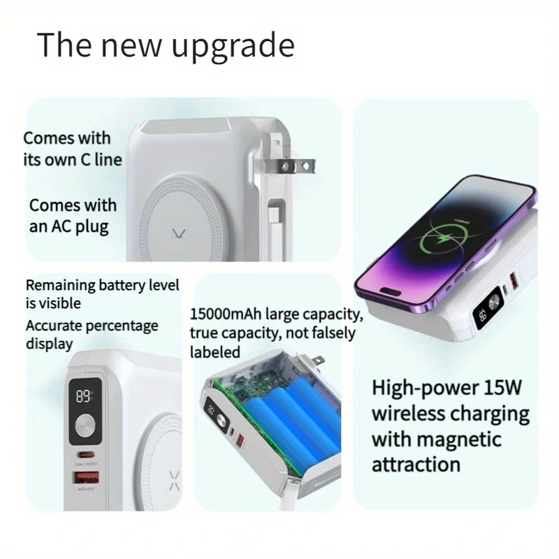 15000mAh 65W Fast Charge Magnetic Power Bank Integrated Cable Convertible EU UK Plug Travel Laptop Charger for Watch Phone PD - Image 2