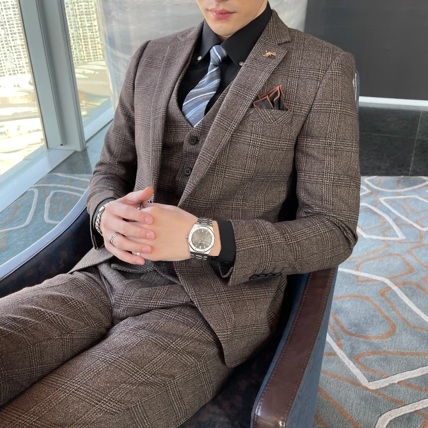 British Korean Style High Quality Modified Plaid Three-Piece Suit for Men - Stylish Business Casual Suit Vest And Trousers Set - Image 5