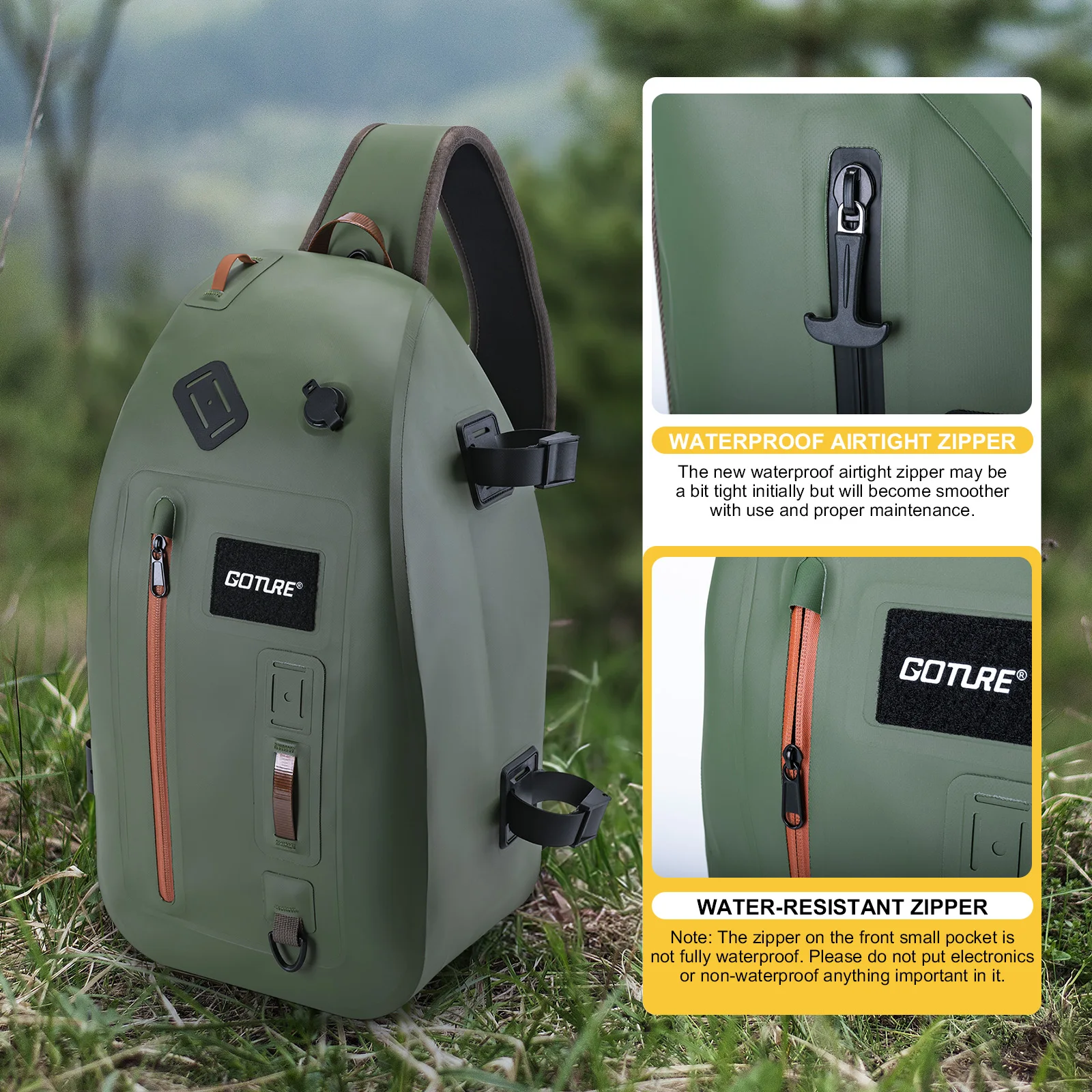Goture Professional Fishing Chest Pack IPX8 Waterproof 13L Sling Storage Bag with Airtight Zipper & Tool Holder for Anglers - Image 6