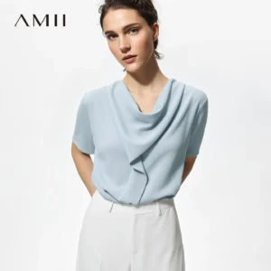 Amii Woman Blouses 2026 Summer New Cowl Neck Short Sleeve Elegant Chiffon Top Flowy Loose Fit Office Shirts & Blouses 12612017