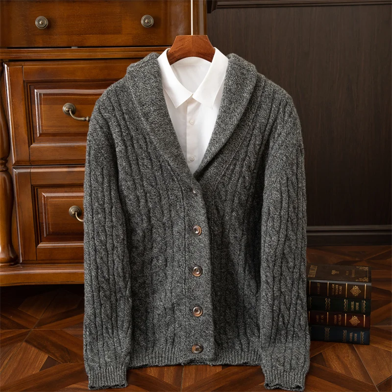Autumn and Winter Wool Sweater Men's Buttoned Crochet Thick Cashmere Coat Loose and Warm Knitted Sweater - Image 3