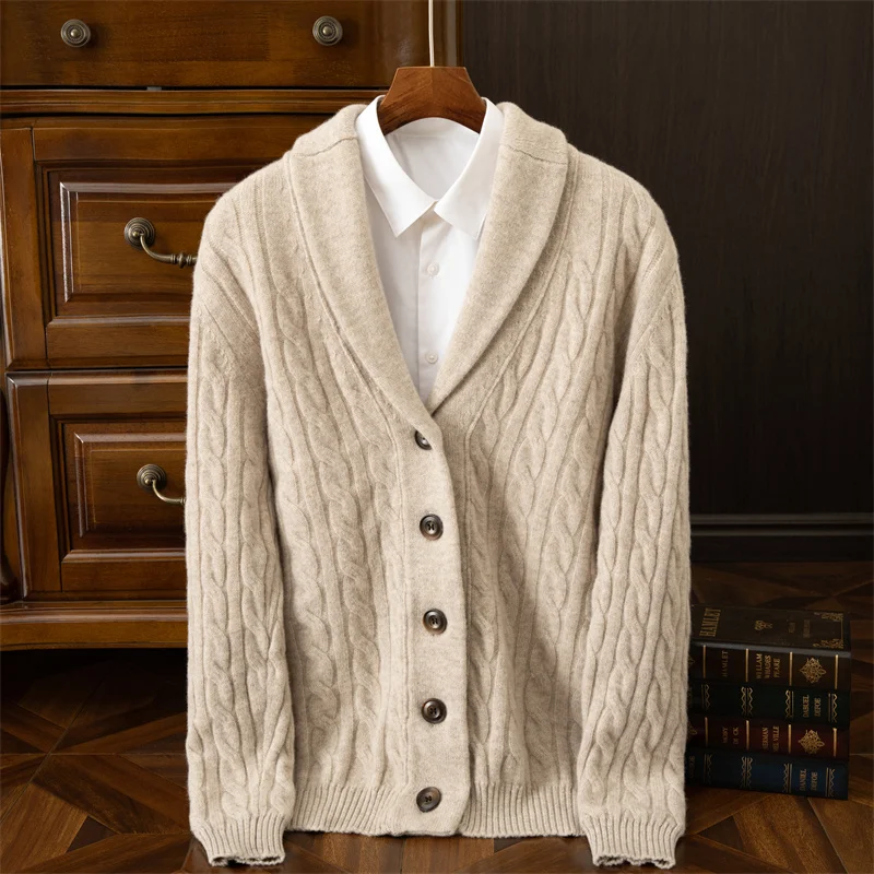 Autumn and Winter Wool Sweater Men's Buttoned Crochet Thick Cashmere Coat Loose and Warm Knitted Sweater - Image 2