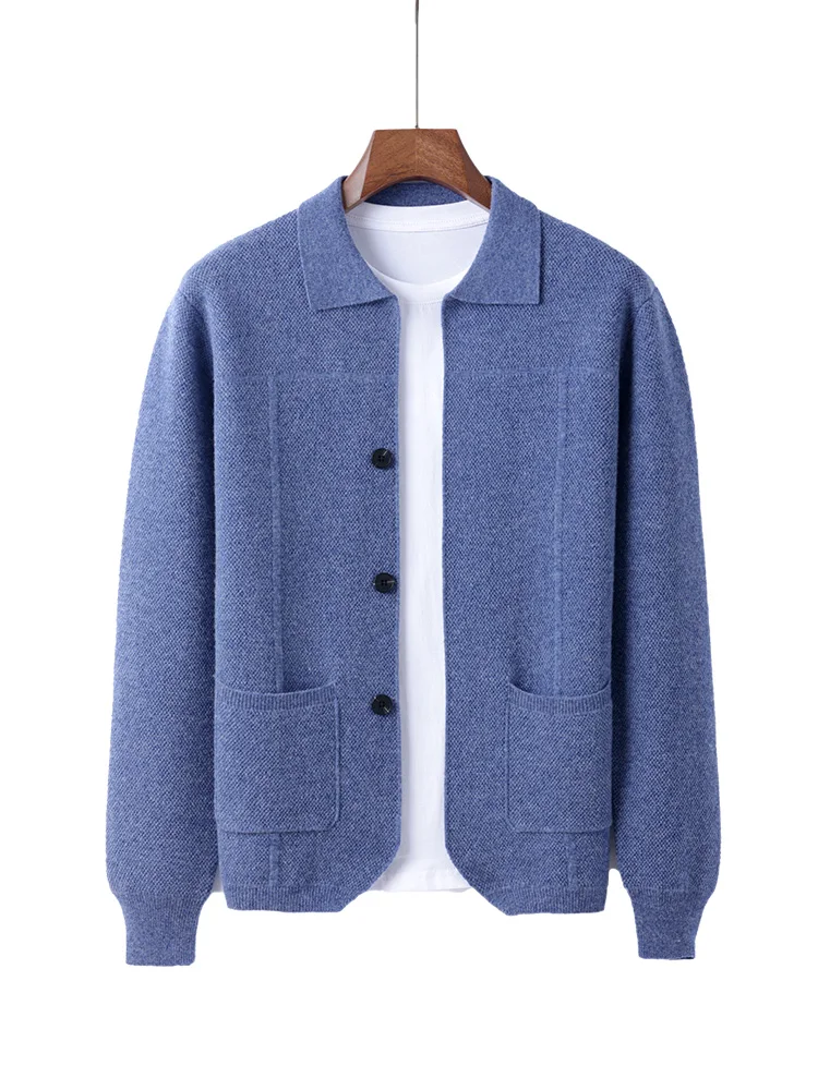 100% Merino Wool Men's Lapel Collar Knit Cardigan Autumn Winter Thicken Solid Color POLO Neck Suit Shirt Cashmere Jacket Sweater - Image 9