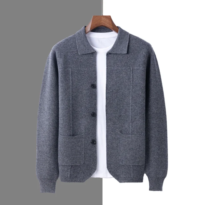 100% Merino Wool Men's Lapel Collar Knit Cardigan Autumn Winter Thicken Solid Color POLO Neck Suit Shirt Cashmere Jacket Sweater - Image 2