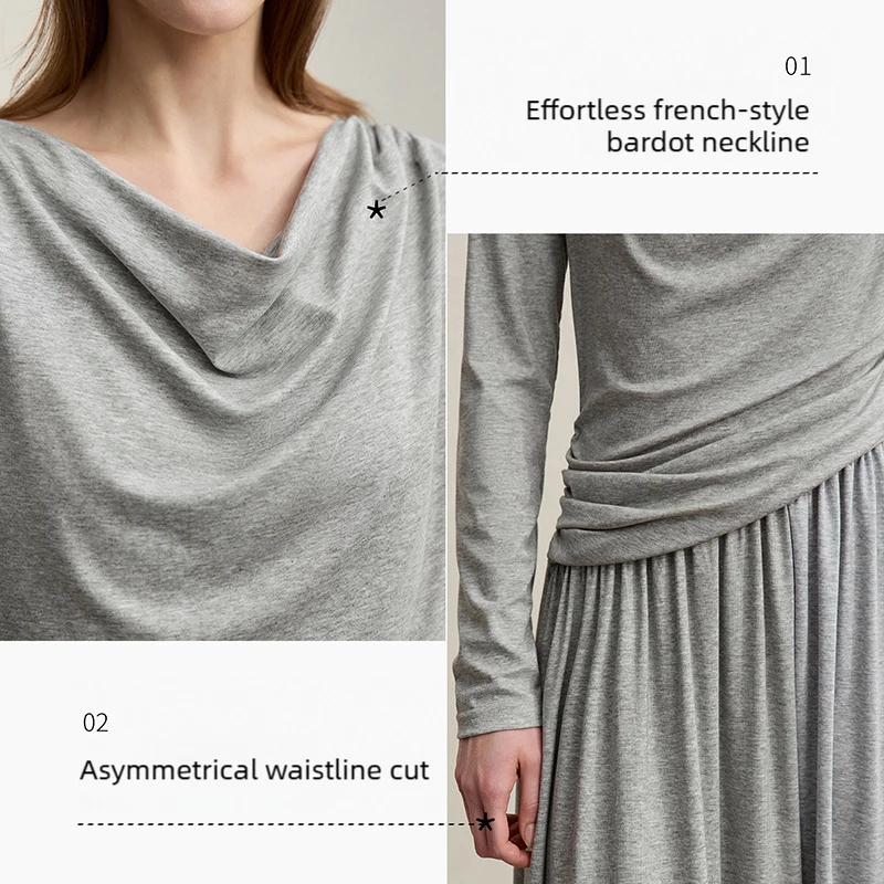 Amii Womens Dresses 2026 Autumn New Casual Elegant Asymmetric Cowl Neck Dress Women's Slim Waist Cinched A-Line Skirt 12641101 - Image 6