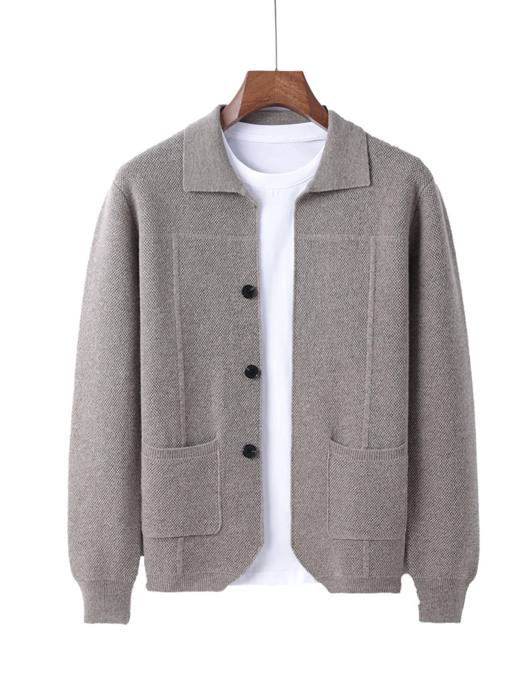 100% Merino Wool Men's Lapel Collar Knit Cardigan Autumn Winter Thicken Solid Color POLO Neck Suit Shirt Cashmere Jacket Sweater - Image 7