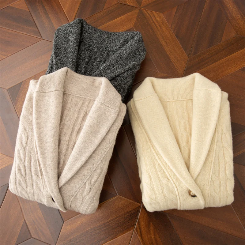 Autumn and Winter Wool Sweater Men's Buttoned Crochet Thick Cashmere Coat Loose and Warm Knitted Sweater - Image 4