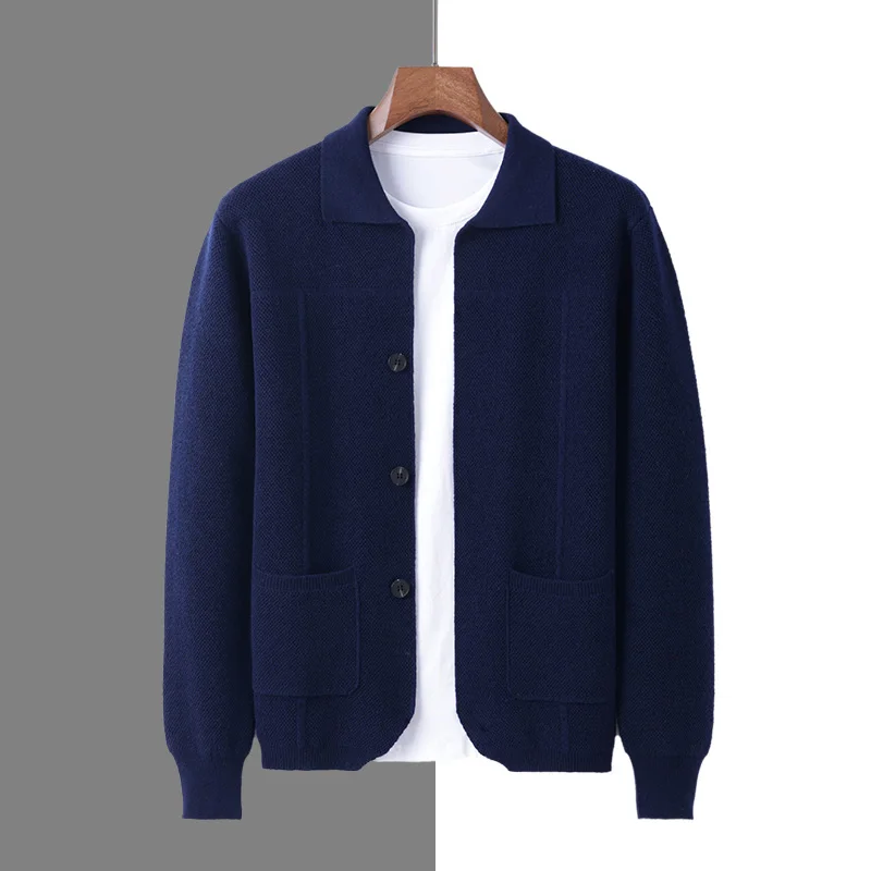 100% Merino Wool Men's Lapel Collar Knit Cardigan Autumn Winter Thicken Solid Color POLO Neck Suit Shirt Cashmere Jacket Sweater - Image 4