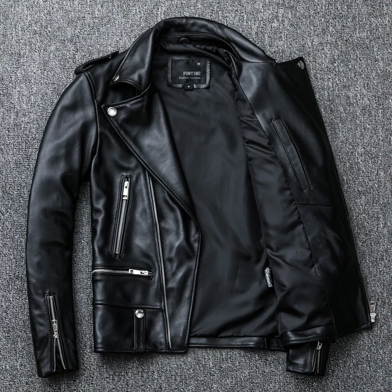 Spring and Autumn Natural Sheepskin Leather Jacket Black Soft Men's Motocycle Jackets Motor Clothing Biker Slim Short Coat - Image 3