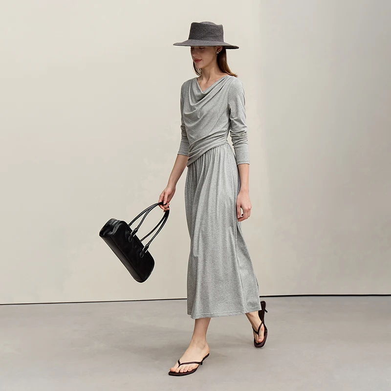 Amii Womens Dresses 2026 Autumn New Casual Elegant Asymmetric Cowl Neck Dress Women's Slim Waist Cinched A-Line Skirt 12641101 - Image 4