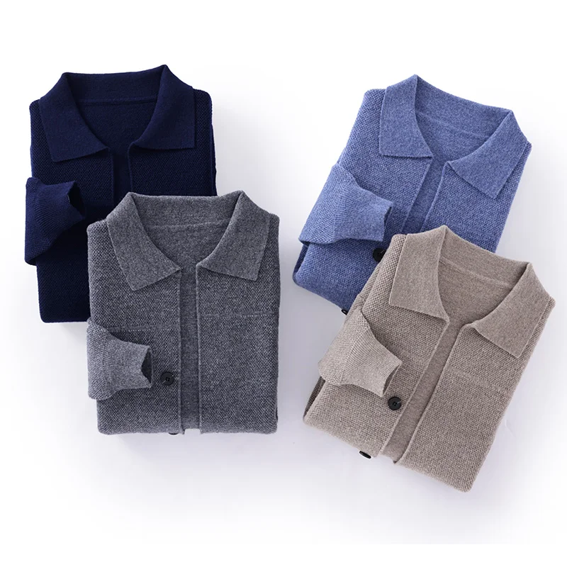 100% Merino Wool Men's Lapel Collar Knit Cardigan Autumn Winter Thicken Solid Color POLO Neck Suit Shirt Cashmere Jacket Sweater - Image 5