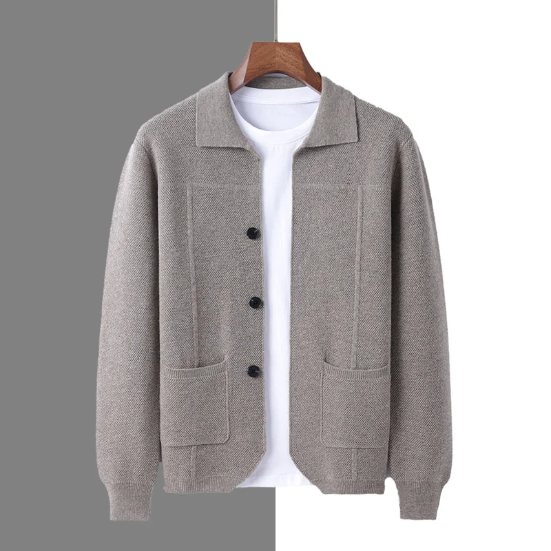 100% Merino Wool Men's Lapel Collar Knit Cardigan Autumn Winter Thicken Solid Color POLO Neck Suit Shirt Cashmere Jacket Sweater - Image 3