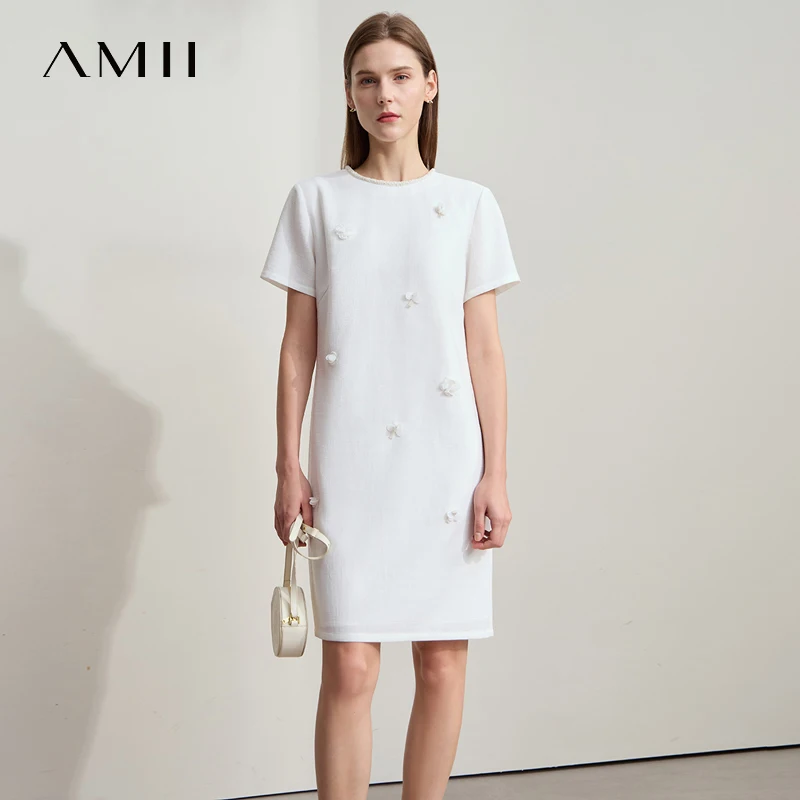 Amii Minimalism Casual Dresses 2025 Summer New Office Lady Elegant Fragrance Beaded Flower Comfort Luxury Women Dresses 12542254