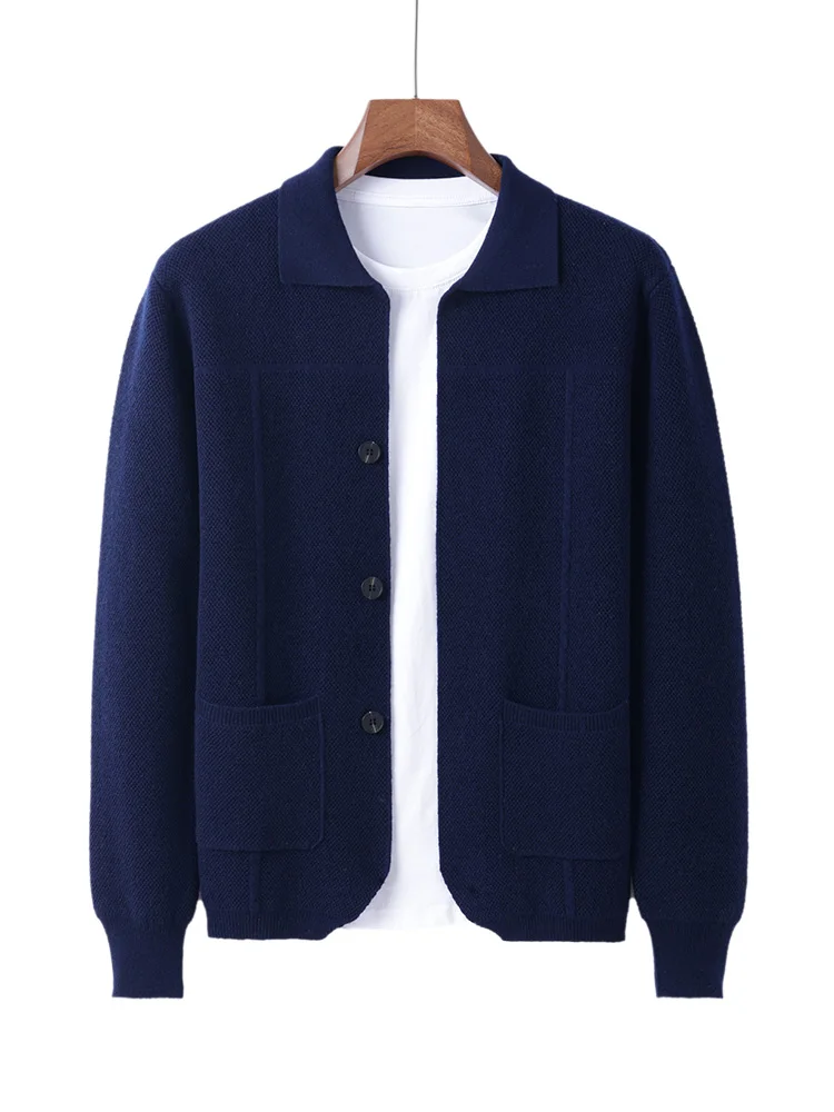 100% Merino Wool Men's Lapel Collar Knit Cardigan Autumn Winter Thicken Solid Color POLO Neck Suit Shirt Cashmere Jacket Sweater - Image 10